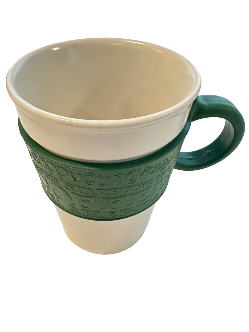Starbucks White Ceramic Mug with Green Silicone Grip and Handle